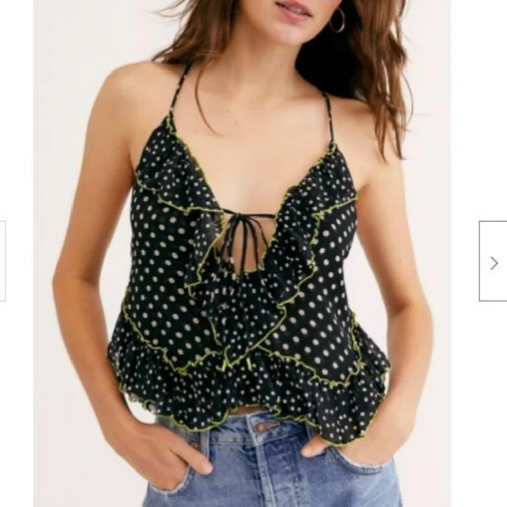 FREE PEOPLE WOMEN'S BLACK POLKA DOT DANCE TILL DOWN RUFFLE TOP Size XS